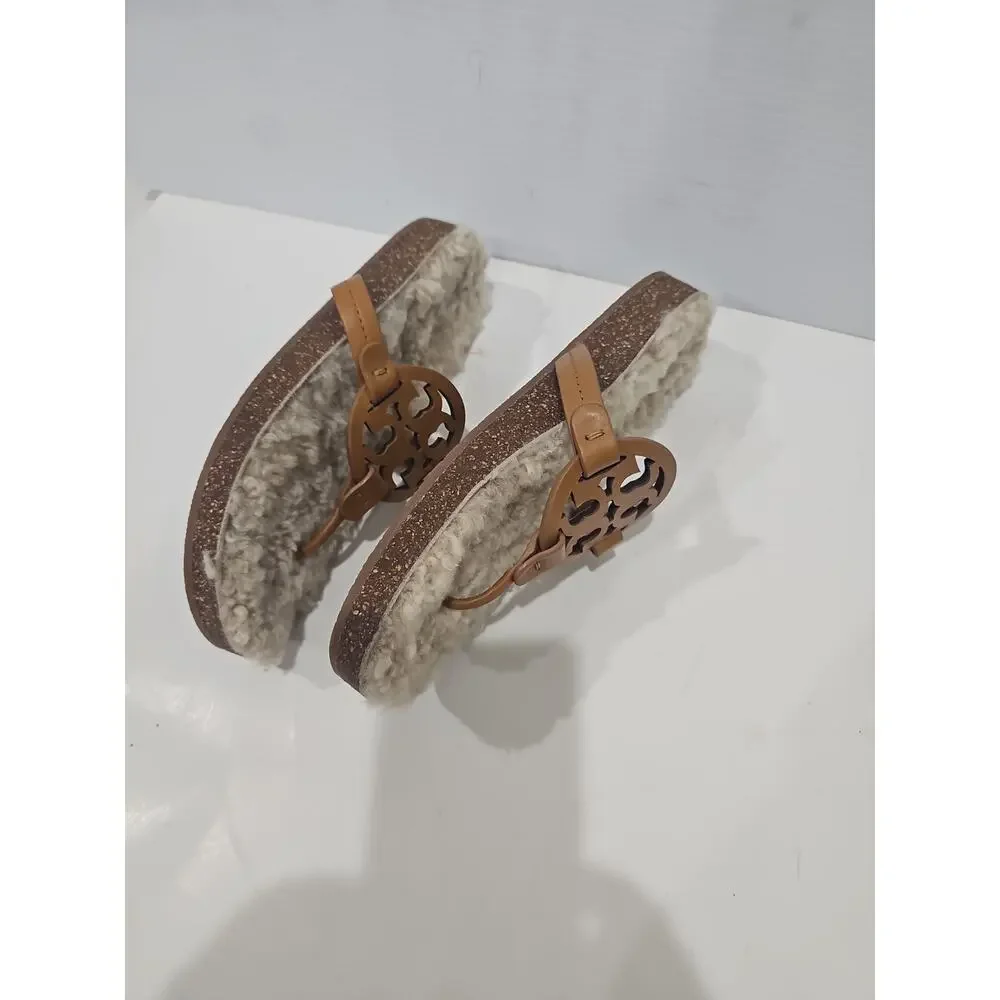 TORY BURCH MILLER Cloud THONG SANDAL Shearling Caramel Corn/Buttermilk Sz 9.5
